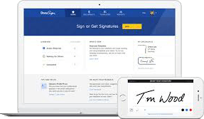 Docusign dashboard displayed on a desktop. Mobile screen displaying an electronic signature