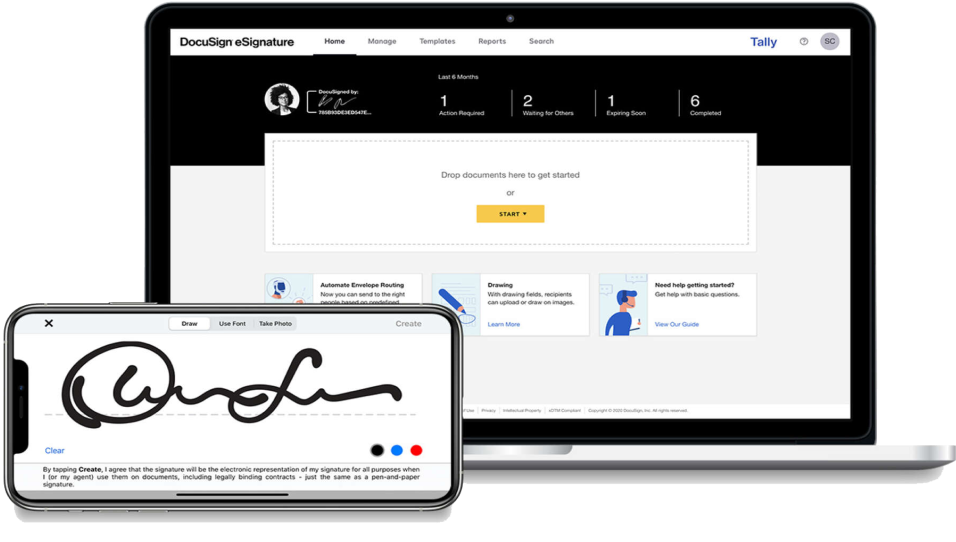 Docusign dashboard displayed on a desktop. Mobile screen displaying an electronic signature